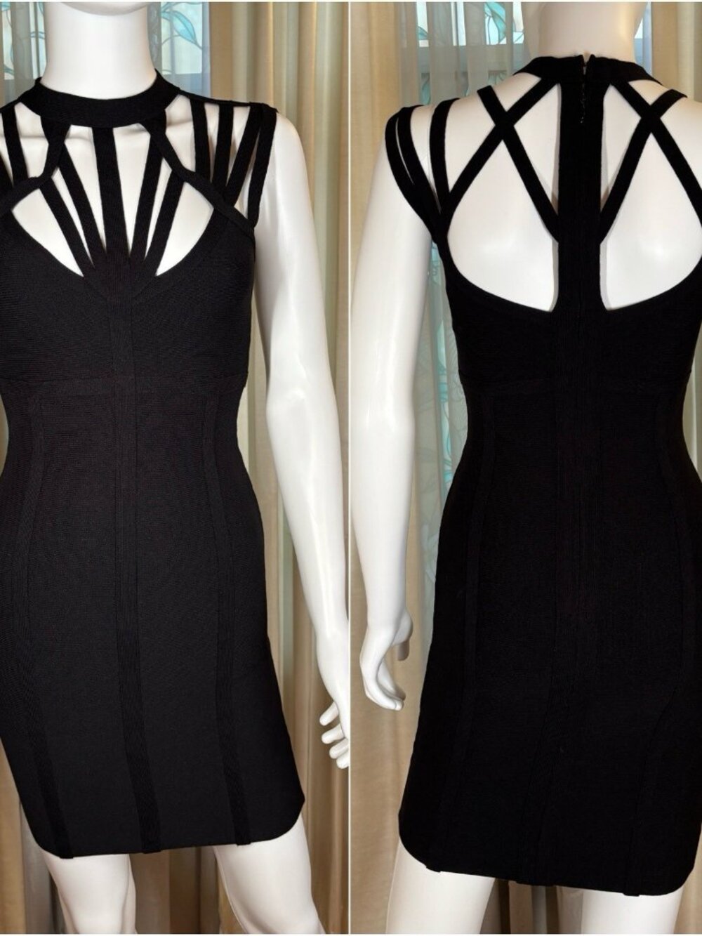 Bebe Black Bandage Mini Dress S Caged Strappy Mock Neck Open Back Bodycon Y2K